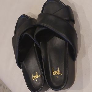 BEEK Rhea Slide Sandal PLATFORM CRISSCROSS LEATHER BLACK 9